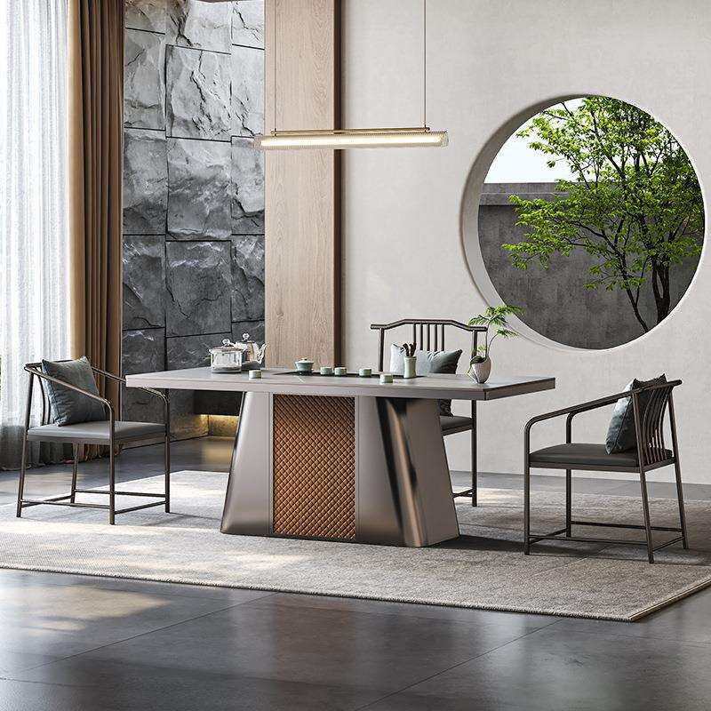 灰哑光岩板镶乌金石茶盘茶台办公桌洽谈室茶桌子茶具电磁炉