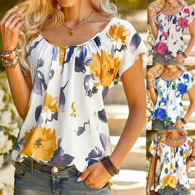 Floral printed short sleeved shirt top 花卉印花短恤上衣