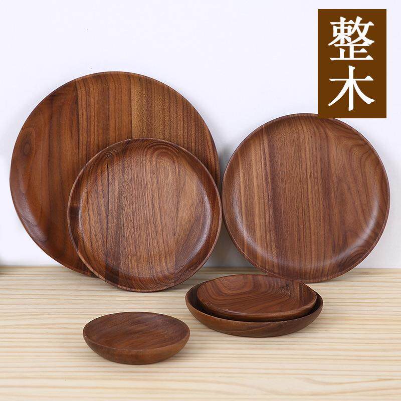 木质圆碟点心小吃干果甜品托盘黑胡桃木圆形碟子整木榉木圆盘