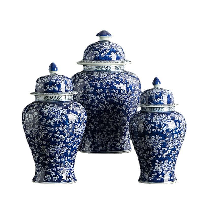 景德镇青花陶瓷罐万花陶瓷将军罐手绘陶瓷饰品摆件别墅落地花瓶