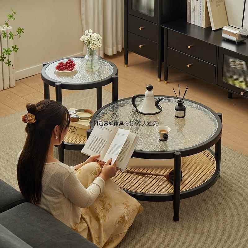 北欧实木圆形日式玻璃茶几客厅家用小户型简约边几藤编简约茶台