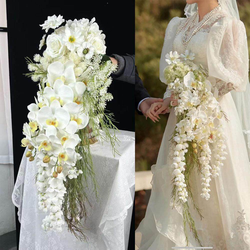 水滴瀑布手捧花白色蝴蝶兰马蹄莲花束新娘结婚彷真花婚礼婚纱摄影