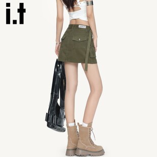 it:CHOCOOLATE军绿色牛仔短裙女2026新款夏季a字工装包臀半身裙裤