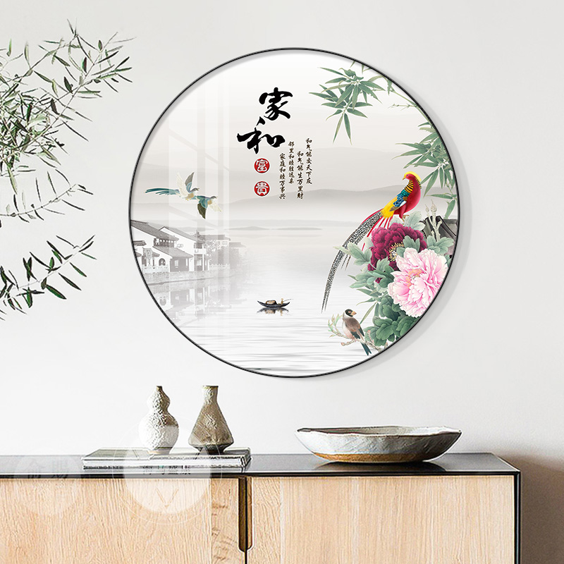 富贵牡丹花玄关装饰挂画新中式客厅餐厅圆形花鸟背景墙壁画寓意好图片