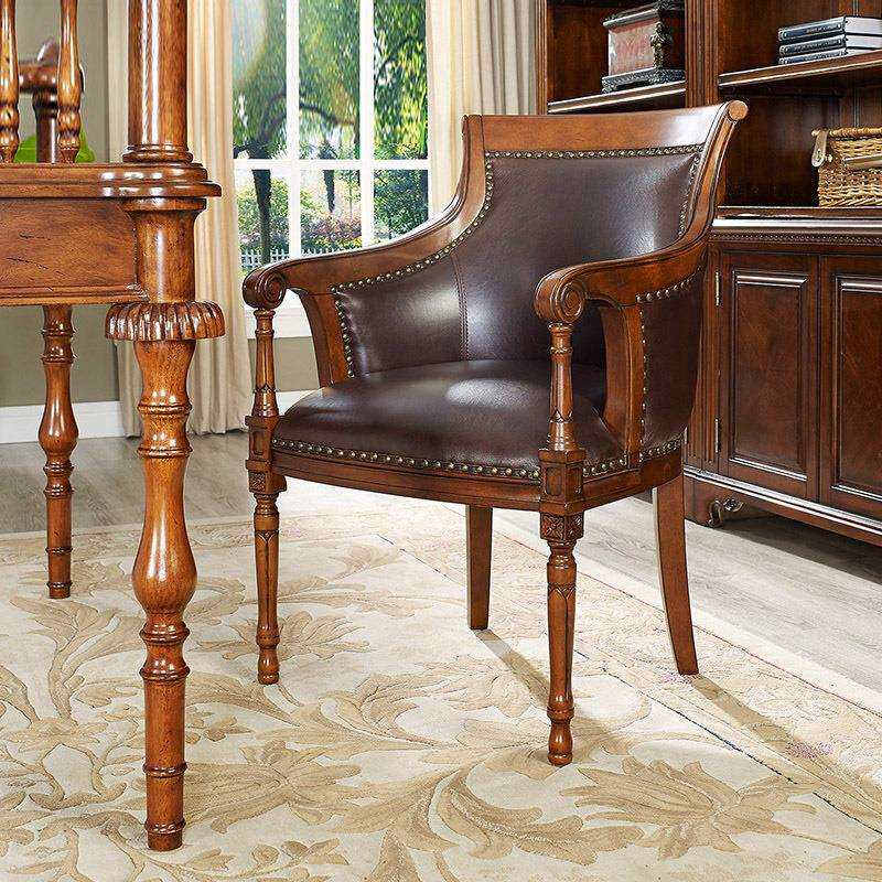 美式实木书椅办公椅电脑椅欧式休闲椅真皮围椅复古餐椅扶手书椅