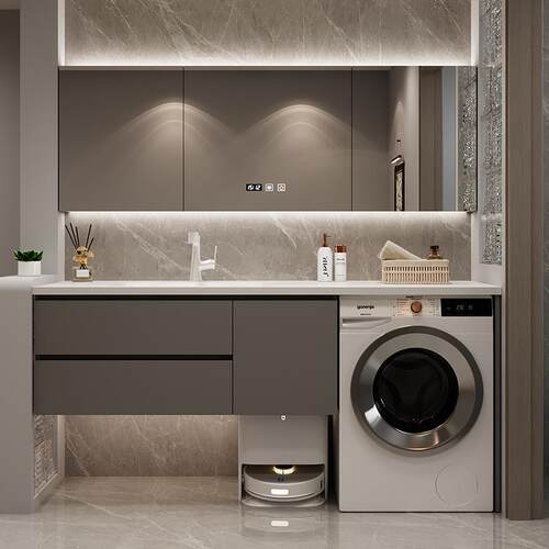 定制岩板热弯洗衣机洗手盆一体柜陶瓷无缝一体盆浴室柜洗漱台组合