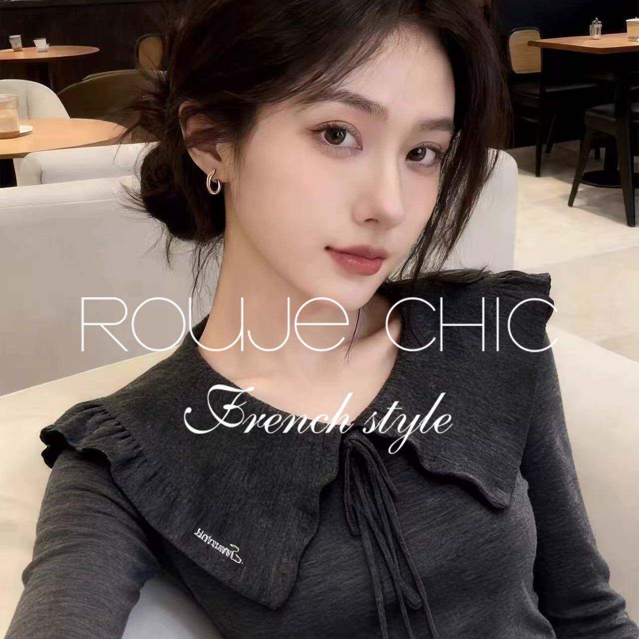 法国rouje chic春季灰色v型翻领蝴蝶结系带T恤女法式修身长袖上衣