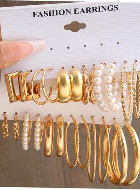 earrings women 金属耳圈复古耳饰赫本风耳环套装6件套earring