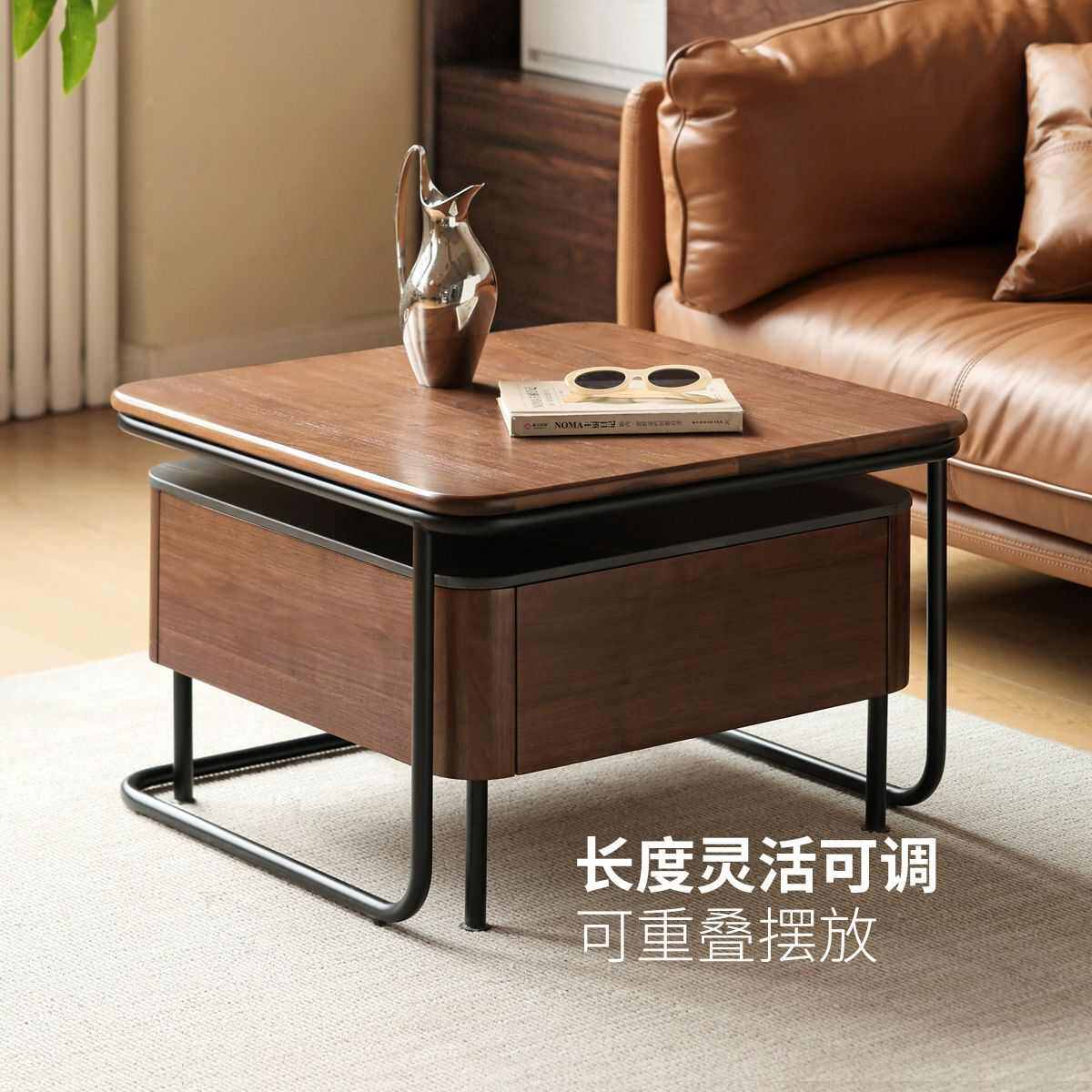 实木茶几北欧岩板茶桌黑胡桃木小户型客厅铁艺方形小茶台