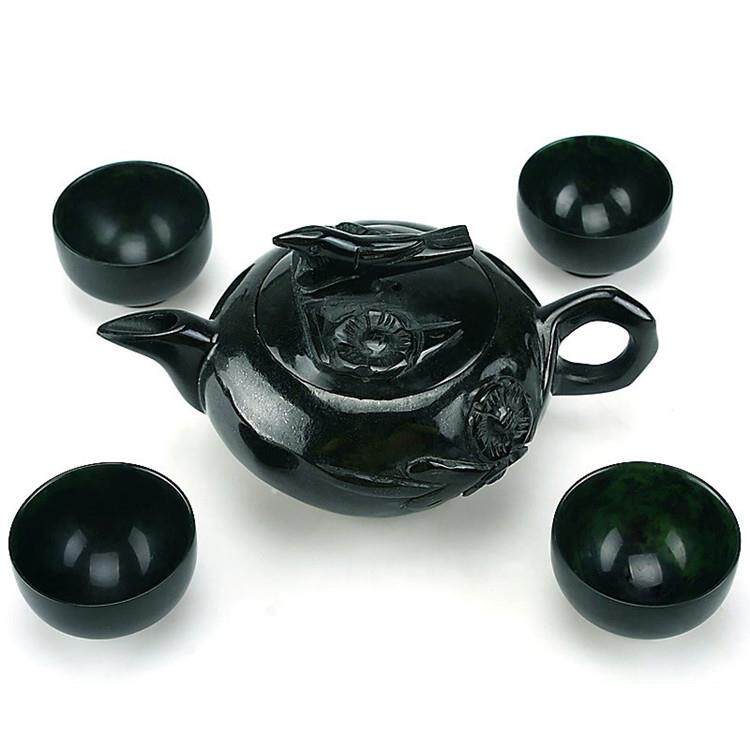 蓝田墨玉黑绿玉喜上眉梢茶壶 橄榄石祁连玉墨玉茶具