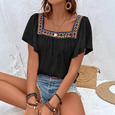 Women's square collar embroidered hem women's shirt