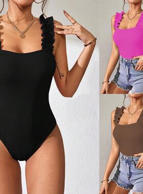 Women's Slim Fit Ribbed Knit Ruffle Strap Square Neck Bodysu