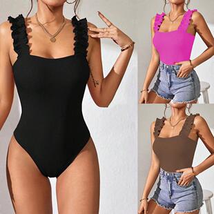 Women's Slim Fit Ribbed Knit Ruffle Strap Square Neck Bodysu