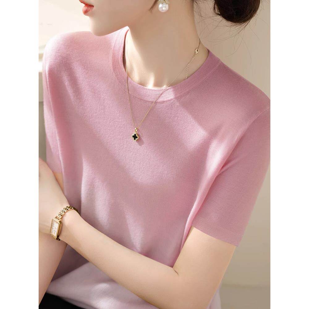 冰丝针织衫女夏季薄款2025新款韩版修身显瘦圆领渐变短袖t恤上衣