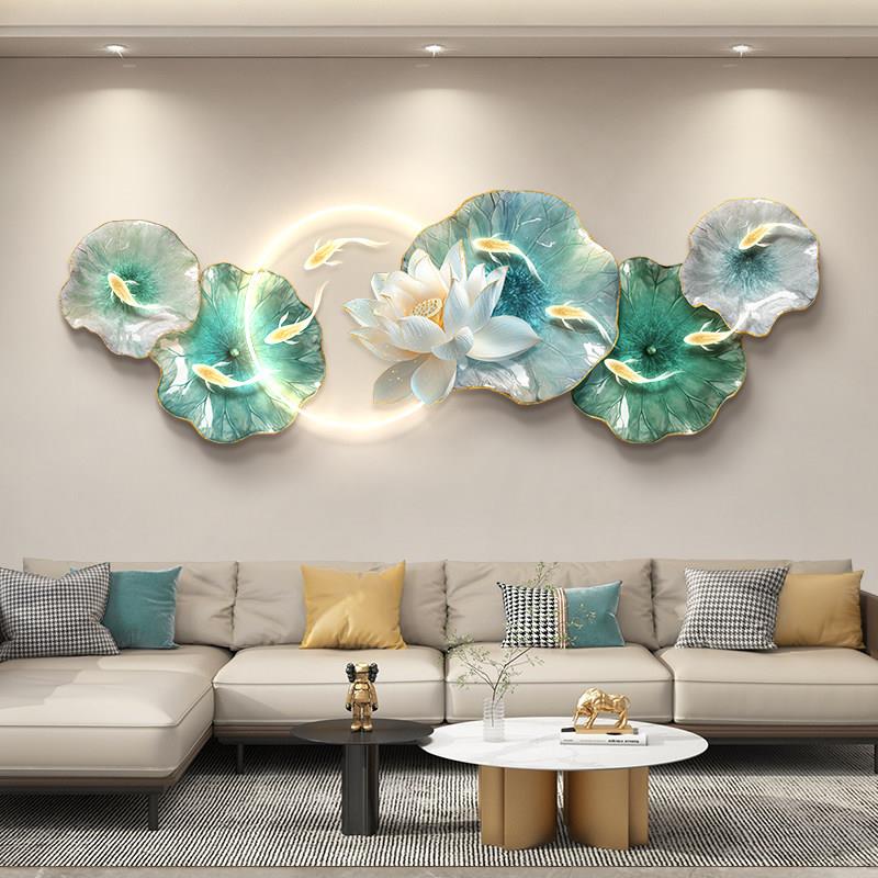 轻奢高级感九鱼图客厅装饰画沙发背景墙挂画2026新款墙壁灯画荷花