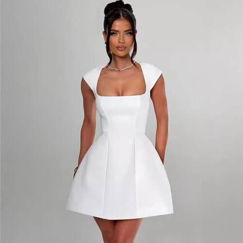 Womens Cap Sleeves Mini Dress Solid Color Square NeckALine