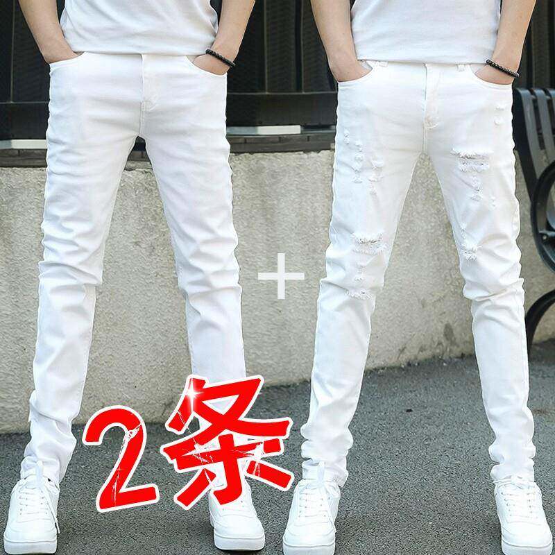 2025新款白色破洞男牛仔裤 修身弹力小脚日常牛仔长裤