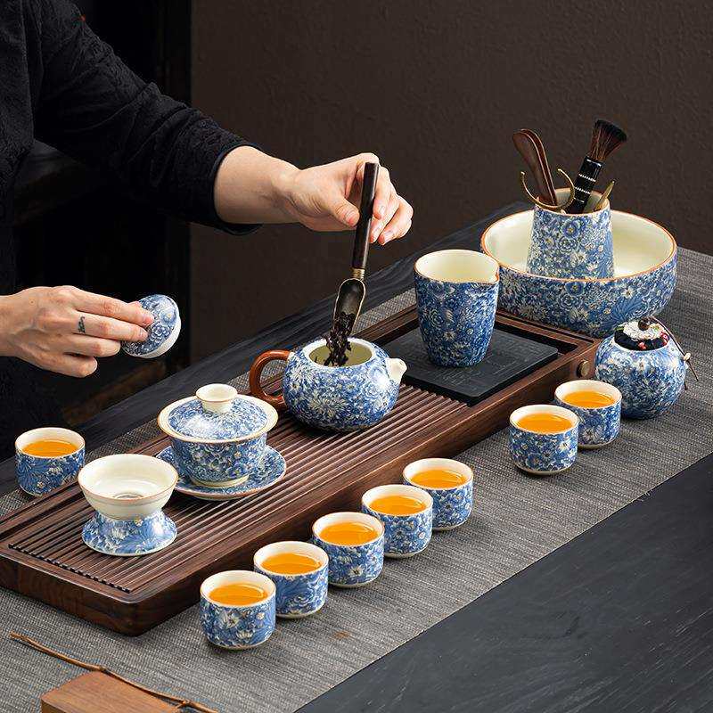 繁花茶具套装家用汝窑功夫整套陶瓷盖碗茶汝窑客厅泡茶壶泡茶茶杯