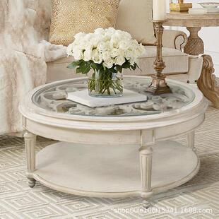 雕花客厅酒店设计师家具民宿复古玻璃台面圆茶边几大师设计 法美式