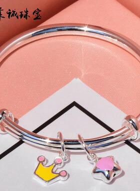 高档儿童银镯银镯纯子男女足银999学小手孩银手环女童生卡通生日