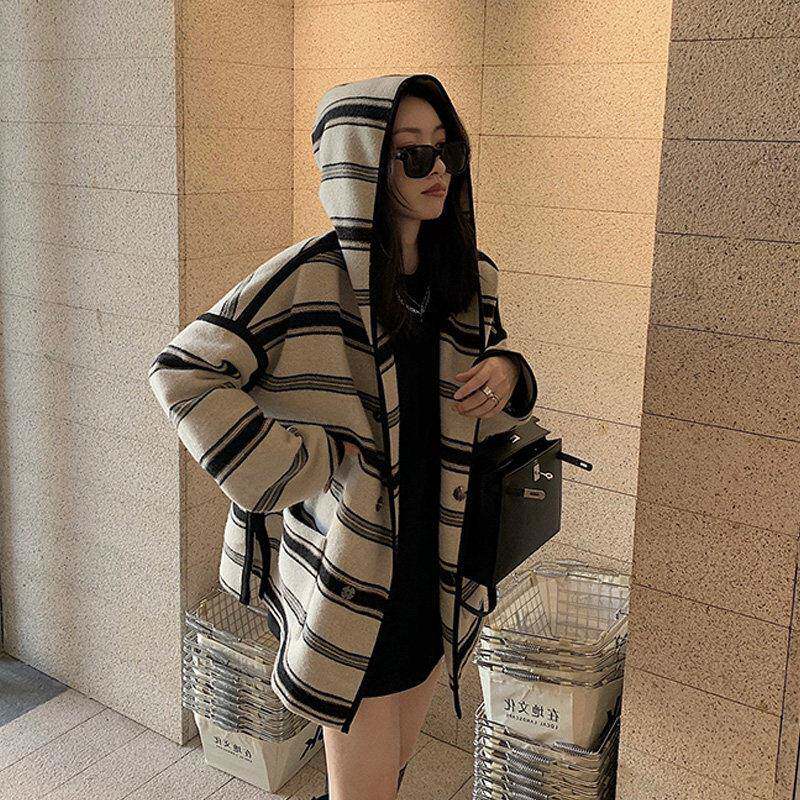 韩国2025冬新款流浪风条纹双面羊绒大衣女小个子斗篷宽松毛呢外套