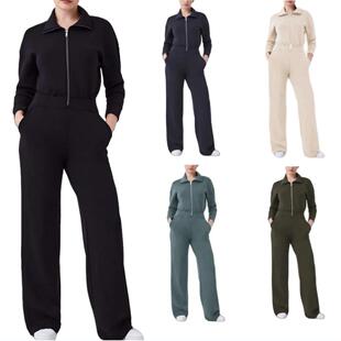 leg jumpsuit with Long and wide zipper lapel sleeved