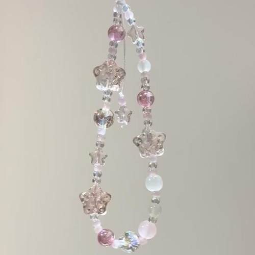 原创冰透粉星星串珠手机链ccd挂绳相机挂饰小清新防丢绳钥匙扣