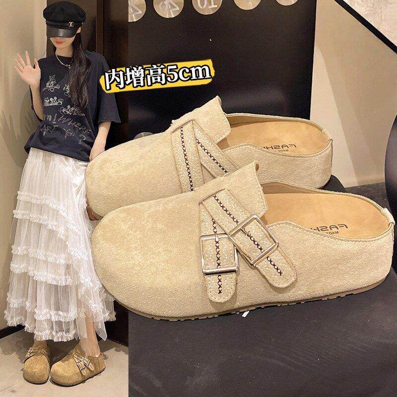 英国真皮厚底包头半拖鞋女夏外穿2026新款懒人一脚蹬内增高勃肯鞋