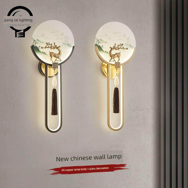 新中式壁灯全铜客厅电视背景墙灯楼梯长条现代别墅LED卧室床头灯