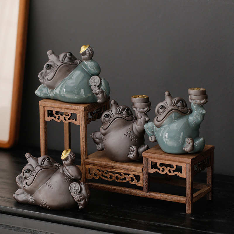 新中式桌面招财金蟾摆件茶桌桌面茶宠茶玩精品可养哥窑开片装饰品