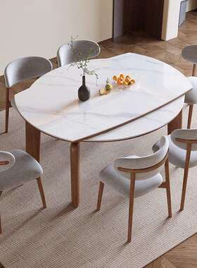 现代实轻奢简约QC-T002方圆两用象腿伸木岩板缩餐桌中小户型大家
