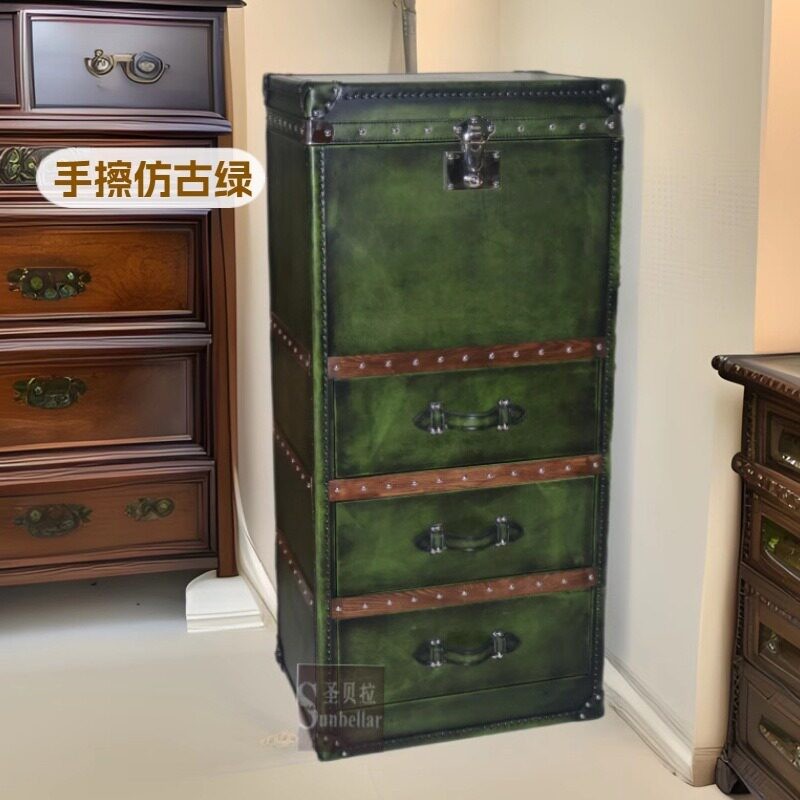 美式复古手擦绿牛皮角柜客厅轻奢靠墙装饰柜卧室收纳箱多层皮箱柜