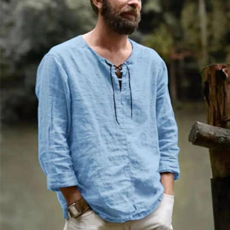 New Linen Shirt Men's Casual Blouse Cotton  Loose ops Lo