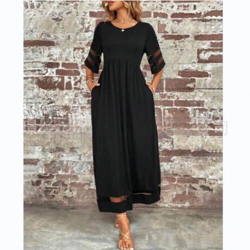 Large size women's mesh round neck patchwork pocket dress