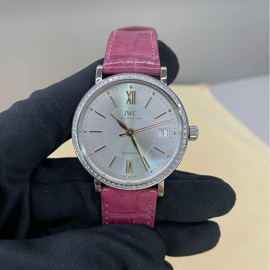 原钻98新IWC万国表柏涛菲诺钢皮自动机械手表37mm女表IW458112