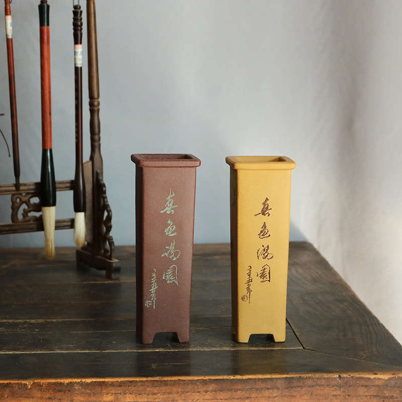 玲珑 紫砂花盆精品刻绘紫泥段泥盖帽细高签筒盆景悬崖竹子景观