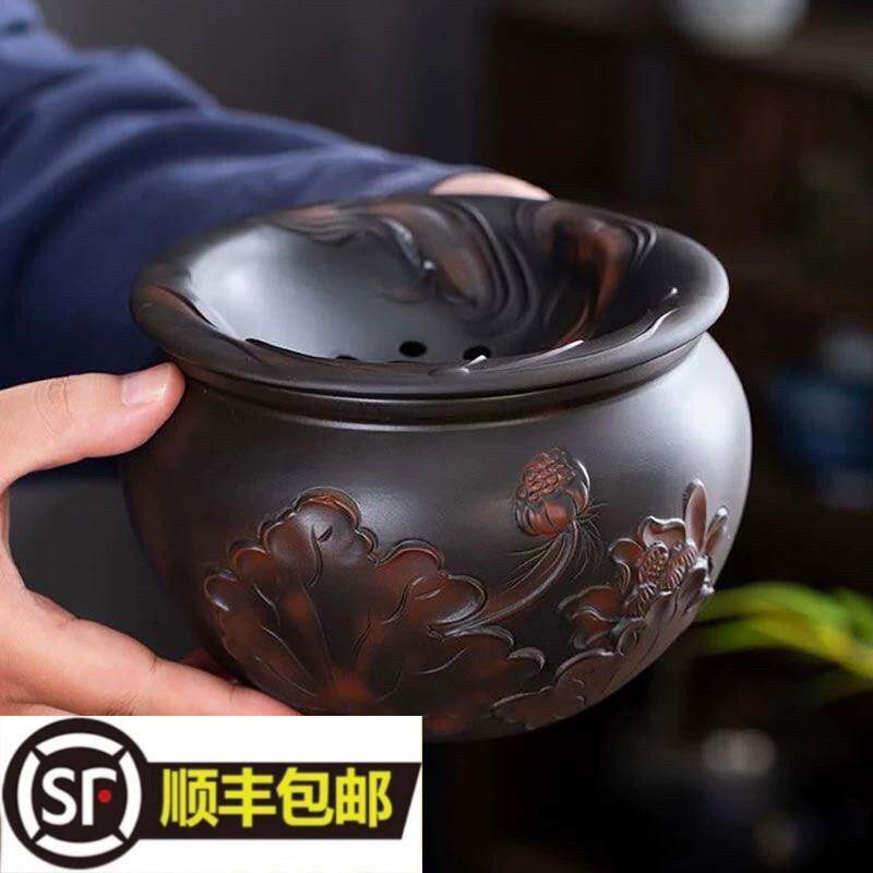 紫陶覆古水盂茶洗建水茶渣分离废水缸家用大号粗陶过滤茶水茶渣缸