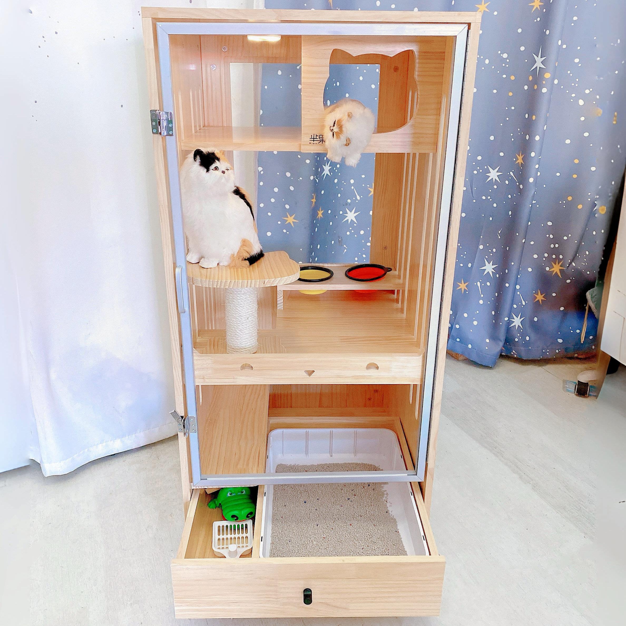 实木猫笼猫别墅带厕所一体家用猫屋一祇猫挂碗两层猫柜宠物店猫舍
