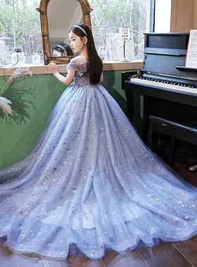 高档蓝色主人儿童礼服公主裙高端洋派女2025秀持新款生日走演出童