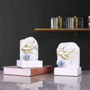 轻奢纯铜燕子石膏石客厅卧室摆件大理石底座现代家居工艺品
