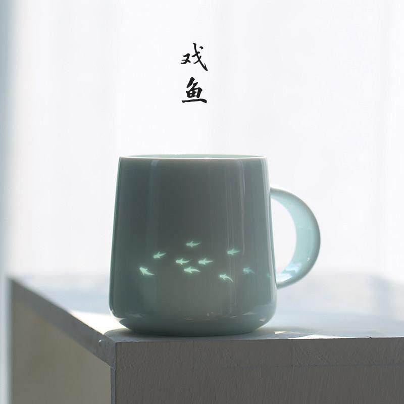 子木鱼玲珑陶瓷杯子简约办公室水杯盖茶杯景德镇咖啡杯男生日礼物
