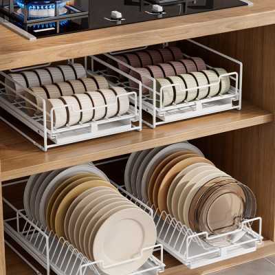 厨房拉篮免安装碗碟沥水架橱柜内置滑轨抽拉碗碟架抽屉碗盘收纳架