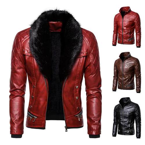 Zipper splicing fur collar men's leather jacket leather