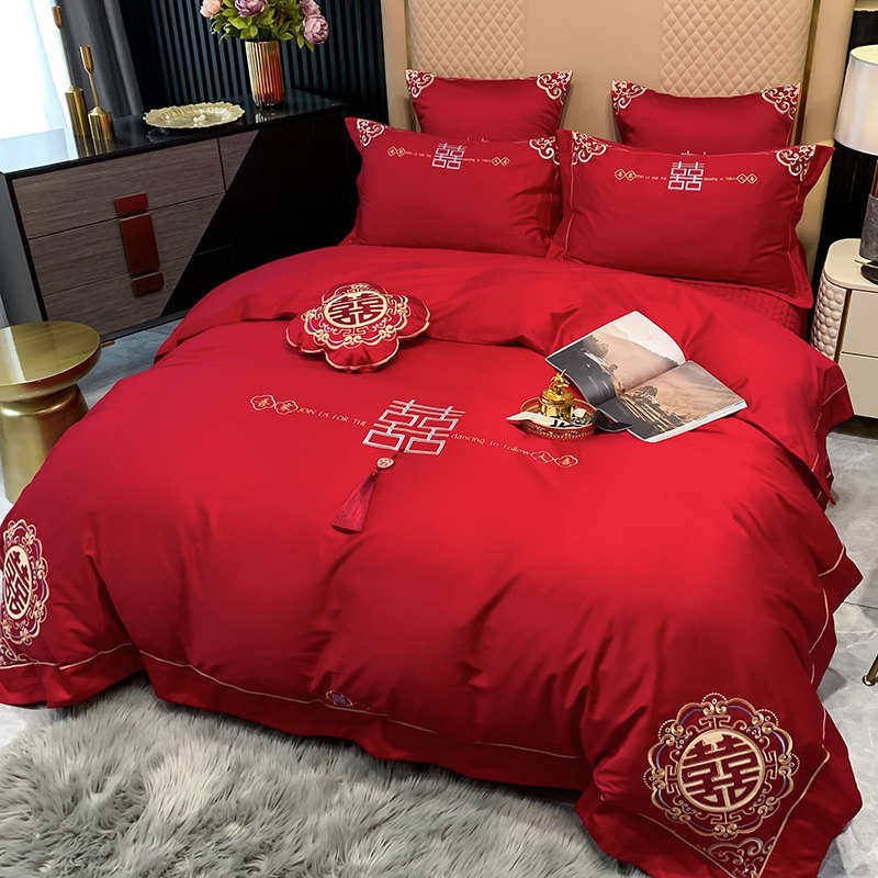 新中式婚庆四件套大红色100S长绒棉被套结婚喜被纯棉婚嫁床上用品,床上用品,婚庆床品套件,淘宝优惠券,粉丝福利购,淘宝优惠卷