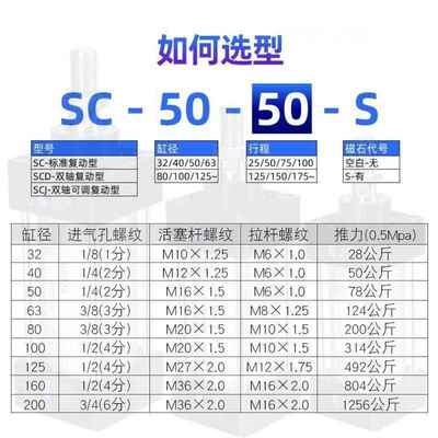 亚德新客气缸原装标准大推156力c小型s气动SC2/40/50/63/803/100