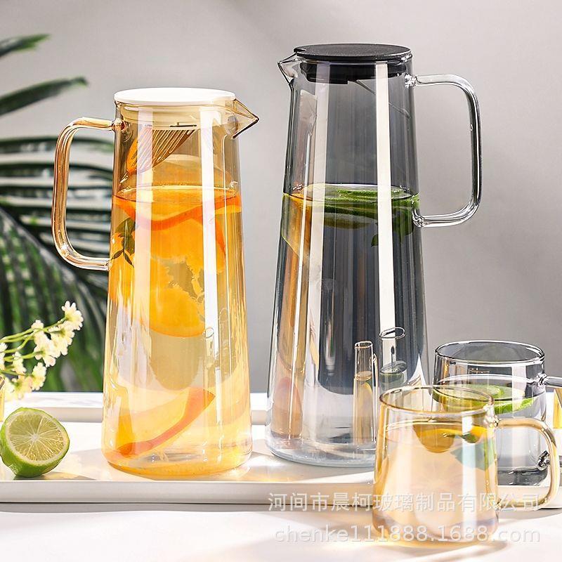 家用高硼硅玻璃冷水壶套装 大容量琥珀色玻璃柠檬壶饮料果汁壶