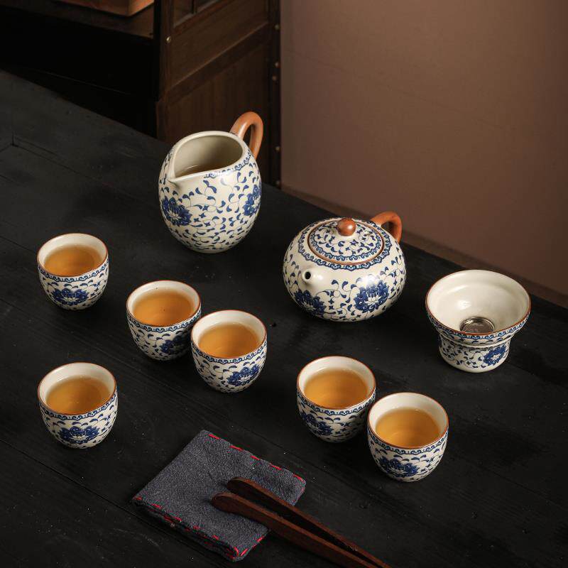 青花汝窑功夫茶具套装泡茶壶茶杯盖碗家用整套中式珐琅彩2024新款