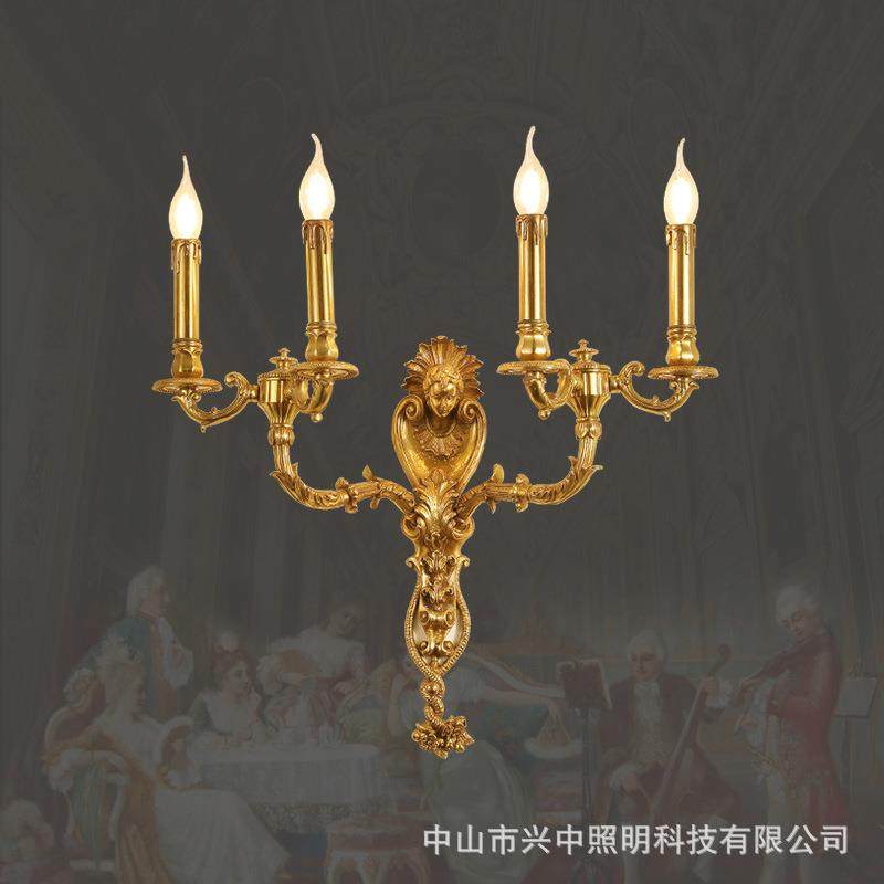 法式客厅背景墙全铜壁灯卧室床头灯具欧式简约电视墙蜡烛双头壁灯