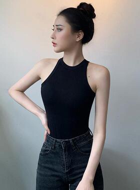 新款直销黑色外穿小挂脖吊带背心女夏内搭圆领瑜伽无袖t恤紧身辣