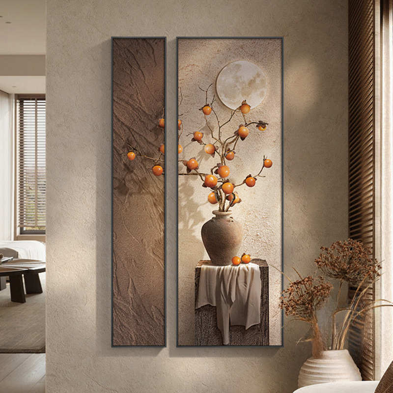 现代轻奢玄关装饰画带钟表高档羽毛走廊过道挂画九鱼图入户壁灯画